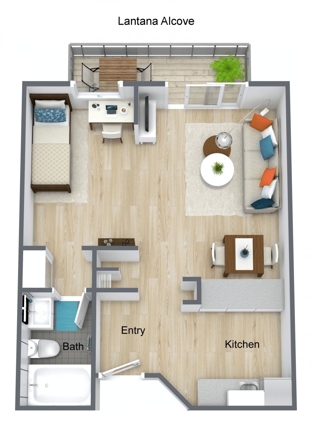 A 3D floor plan of a small apartment featuring a single bedroom, bathroom, kitchen, living room, and study area.