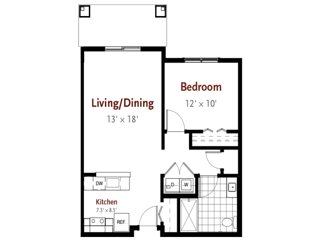 A floor plan showing a one-bedroom apartment with living/dining area, kitchen, and bathroom.