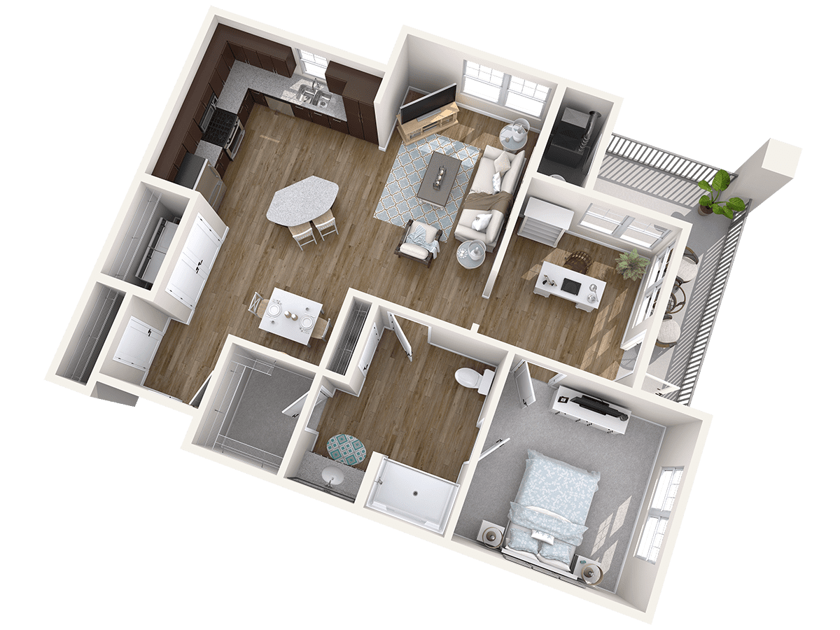 A 3D rendered floor plan of a modern apartment featuring a living room, kitchen, bedroom, and bathroom.