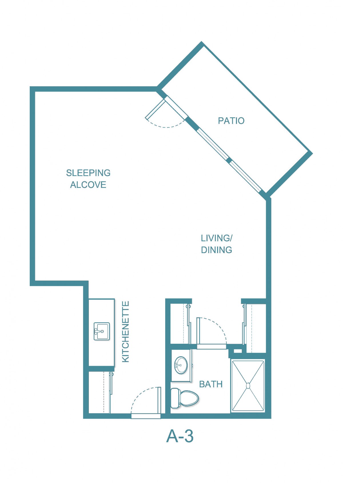 Studio apartment floor plan featuring a living/dining area, sleeping alcove, kitchen, bathroom, and patio.