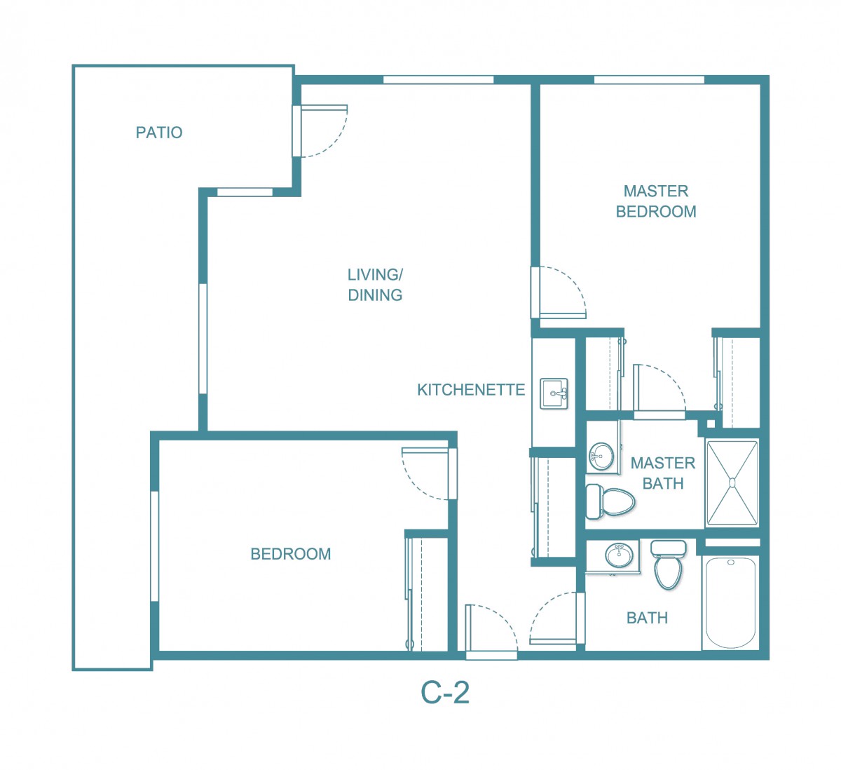 A detailed floor plan of an apartment with designated rooms including a kitchen, living and dining area, bedroom, bathroom, and patio.