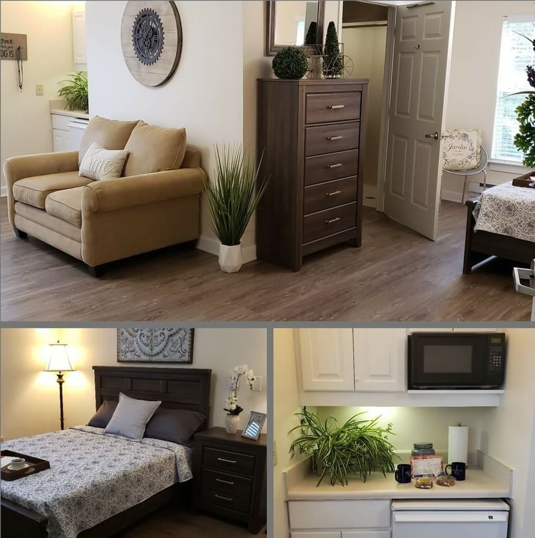A cozy apartment interior showcasing a living area with a couch, a bedroom with modern decor, and a small kitchen featuring an indoor plant.