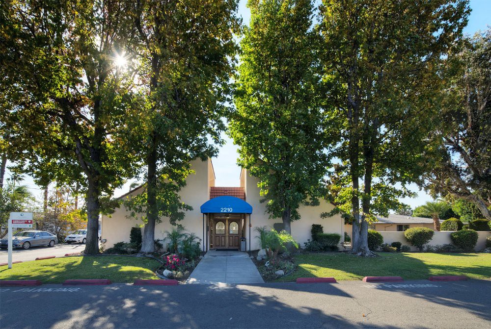 A building entrance flanked by large trees with sunlight filtering through.