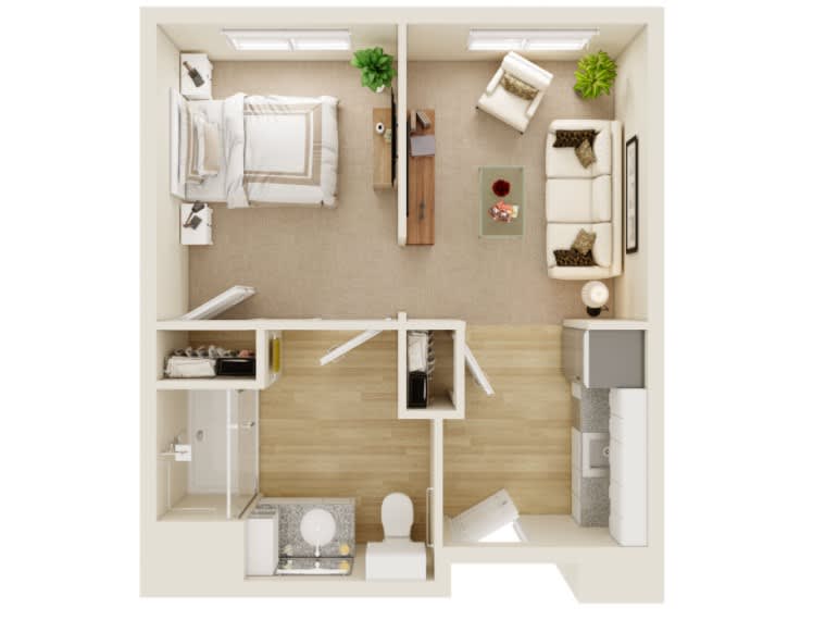 A top-down view of a 1-bedroom apartment floor plan, featuring a living room, kitchen, and bathroom.