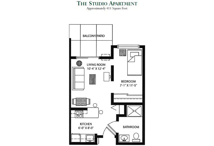 Floor plan of a studio apartment showing the layout of living room, bedroom, kitchen, bathroom, and balcony.