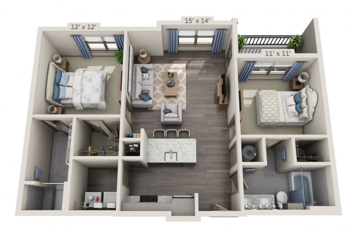 3D floor plan of a two-bedroom apartment with a living room, kitchen, bathroom, and balcony.