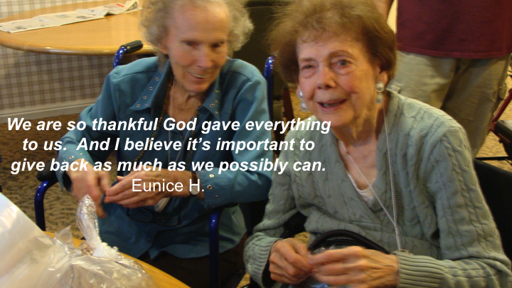 Two elderly women sharing a moment of gratitude and friendship, with an inspirational quote about thankfulness.