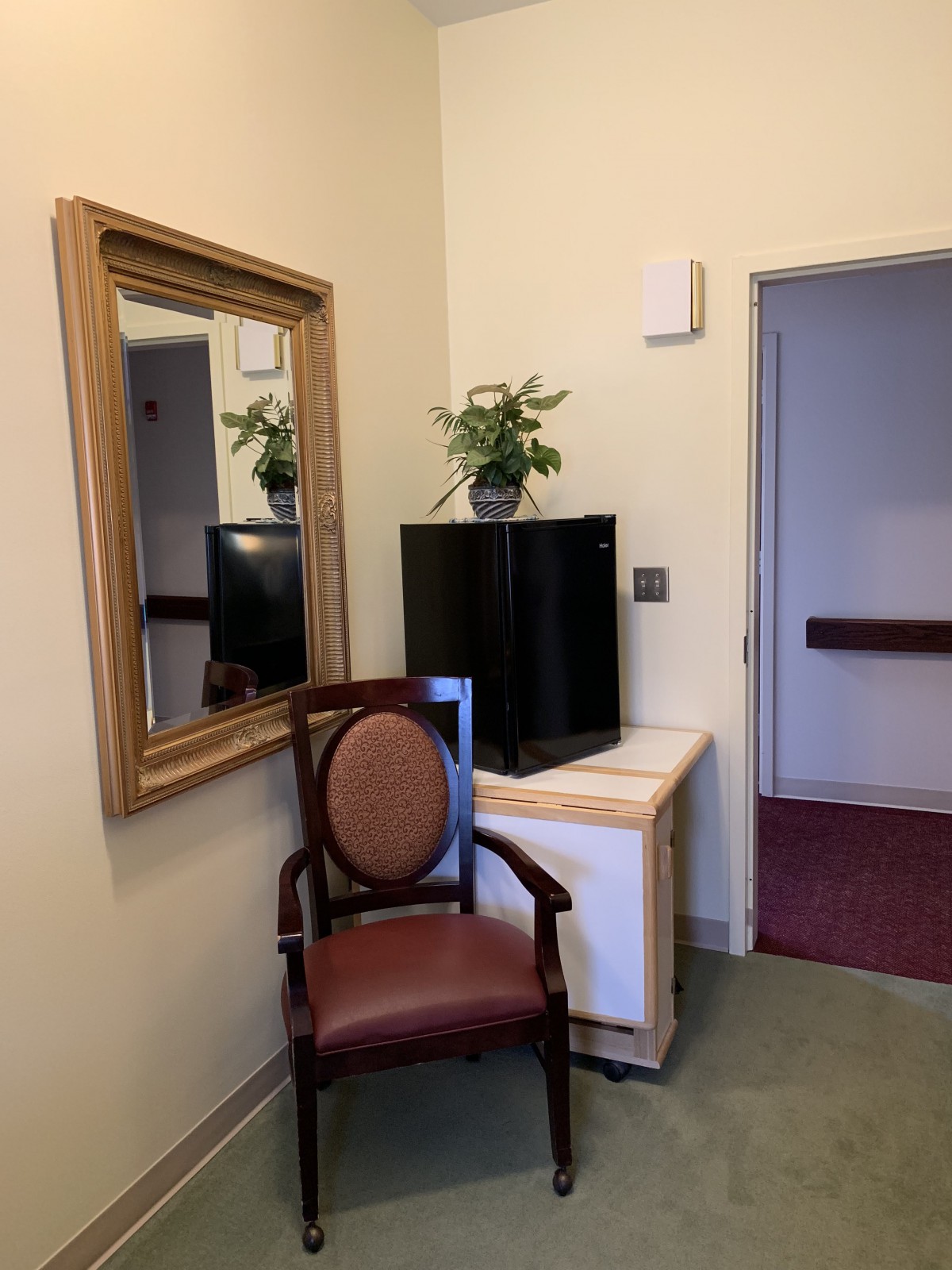 A corner of a room with a mirror, chair, and plants on a cabinet.