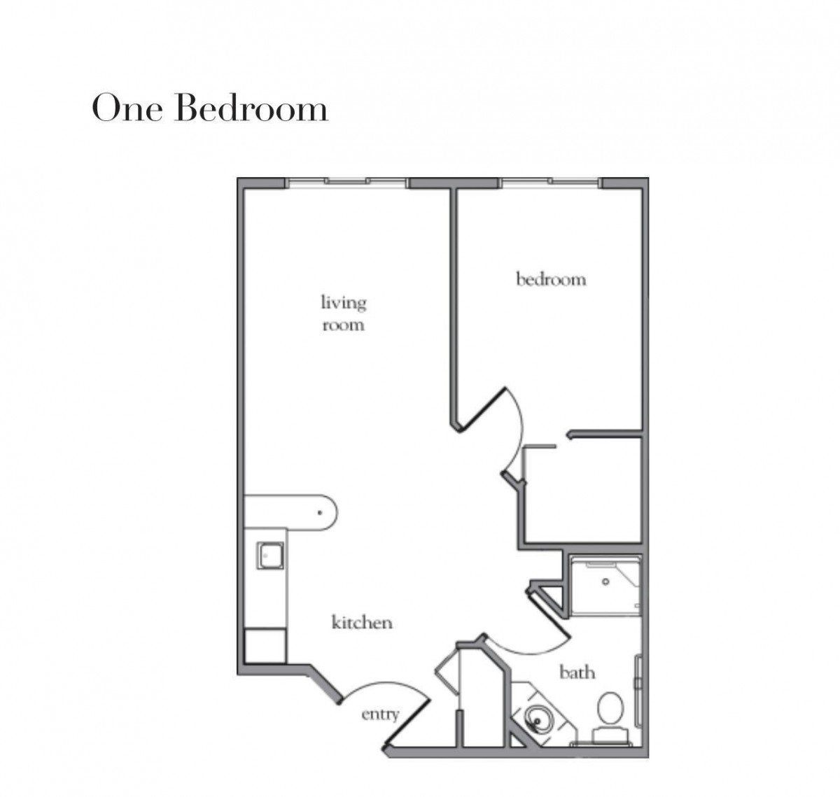 A floor plan layout of a one-bedroom apartment.