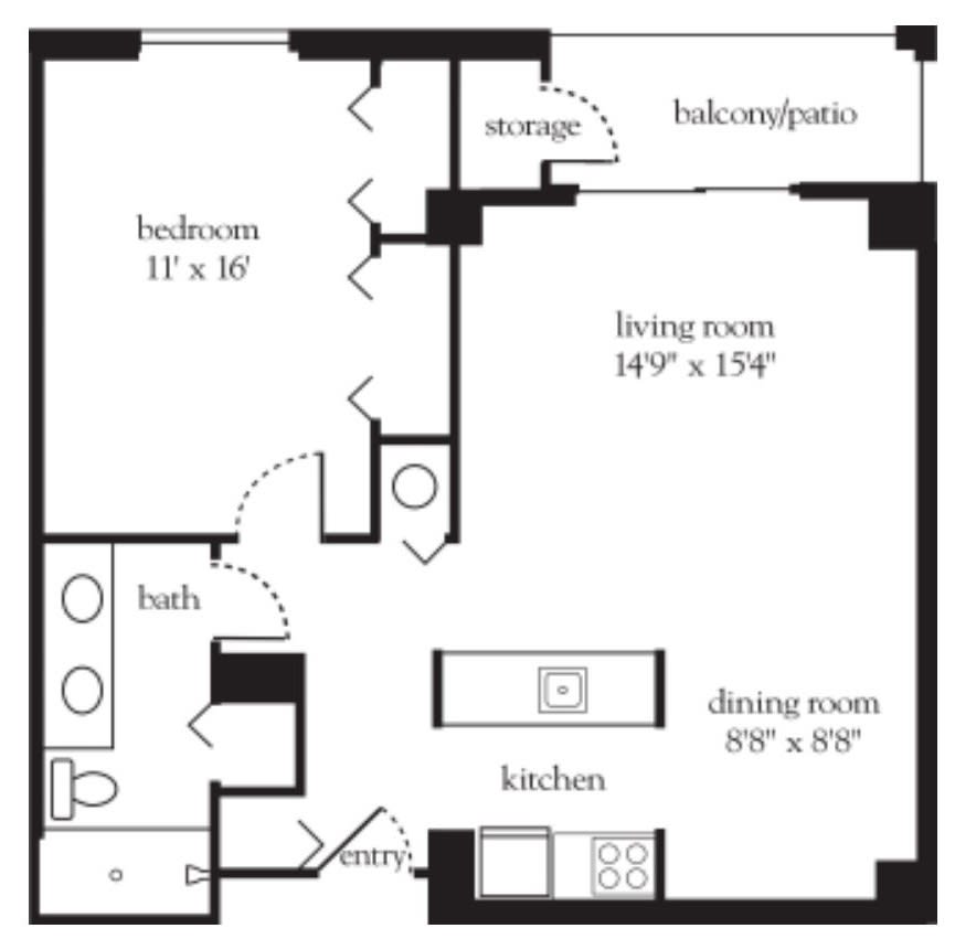 A floor plan of a one-bedroom apartment with labeled rooms and dimensions.