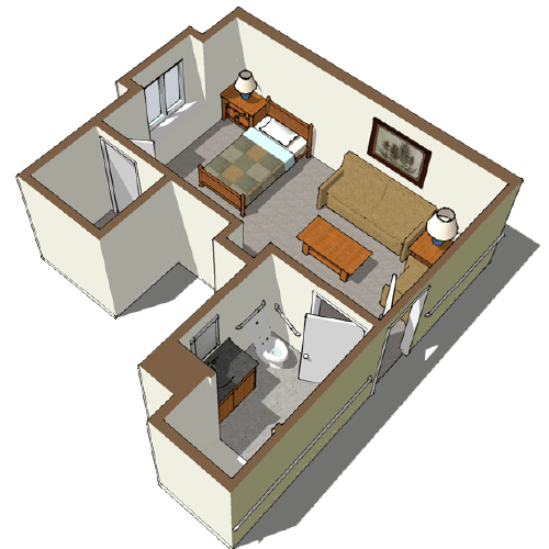3D model of an apartment floor plan showing bedroom, living area, and bathroom.