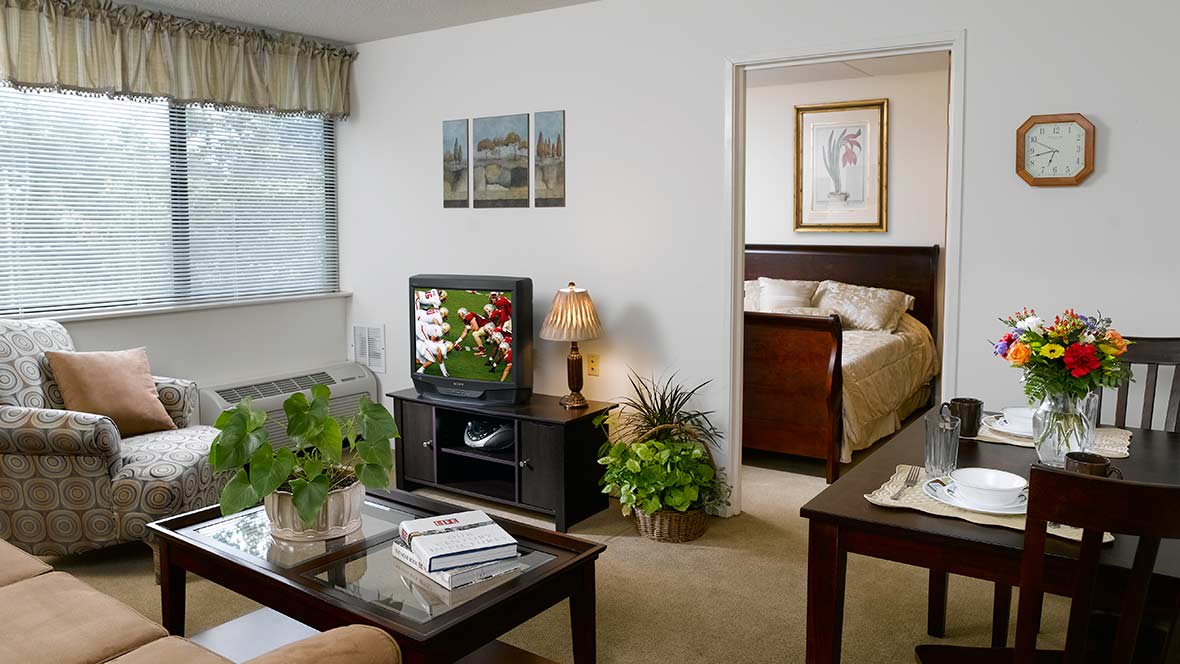 Cozy living room with a view into the bedroom, featuring modern furniture and lush indoor plants.