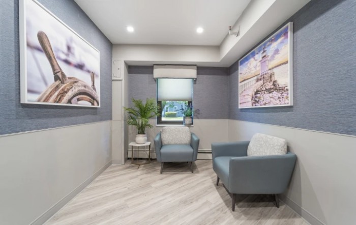 A modern waiting room featuring comfortable armchairs, decorative paintings, and a potted plant for ambiance.