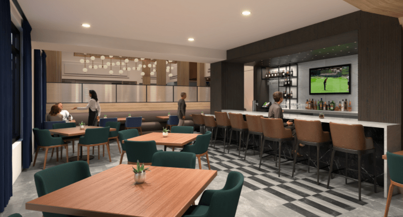 A modern restaurant interior featuring a bar area with seating and elegantly arranged tables.