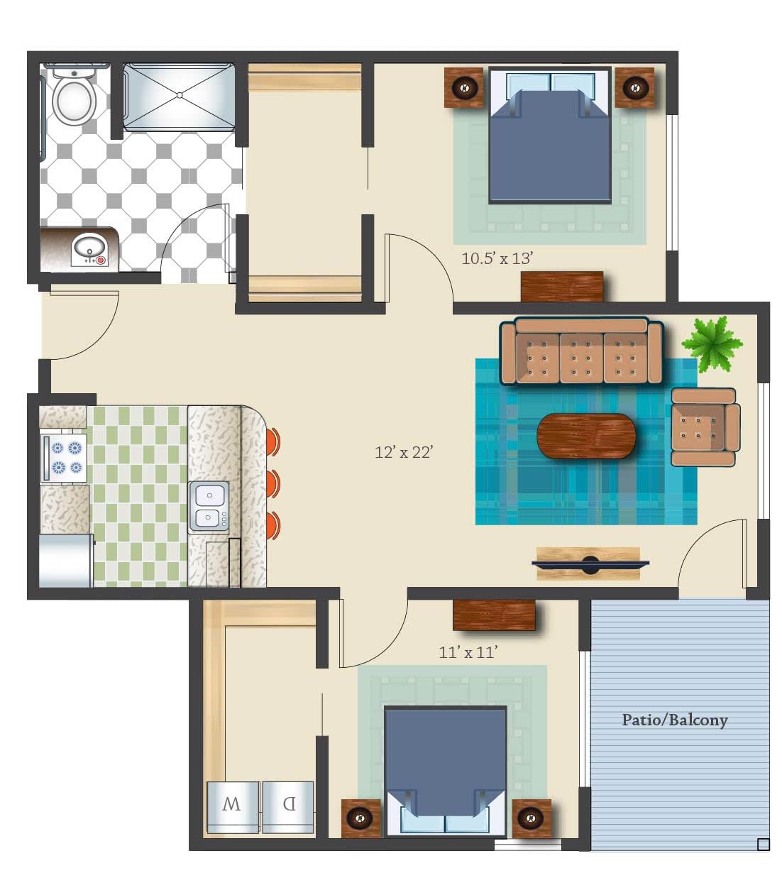 A floor plan of a two-bedroom apartment featuring a living room, kitchen, bathroom, and a small balcony.