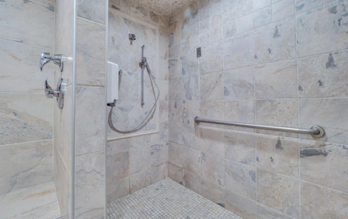 A spacious walk-in shower with tiled walls and a handheld showerhead, featuring a grab bar for accessibility.