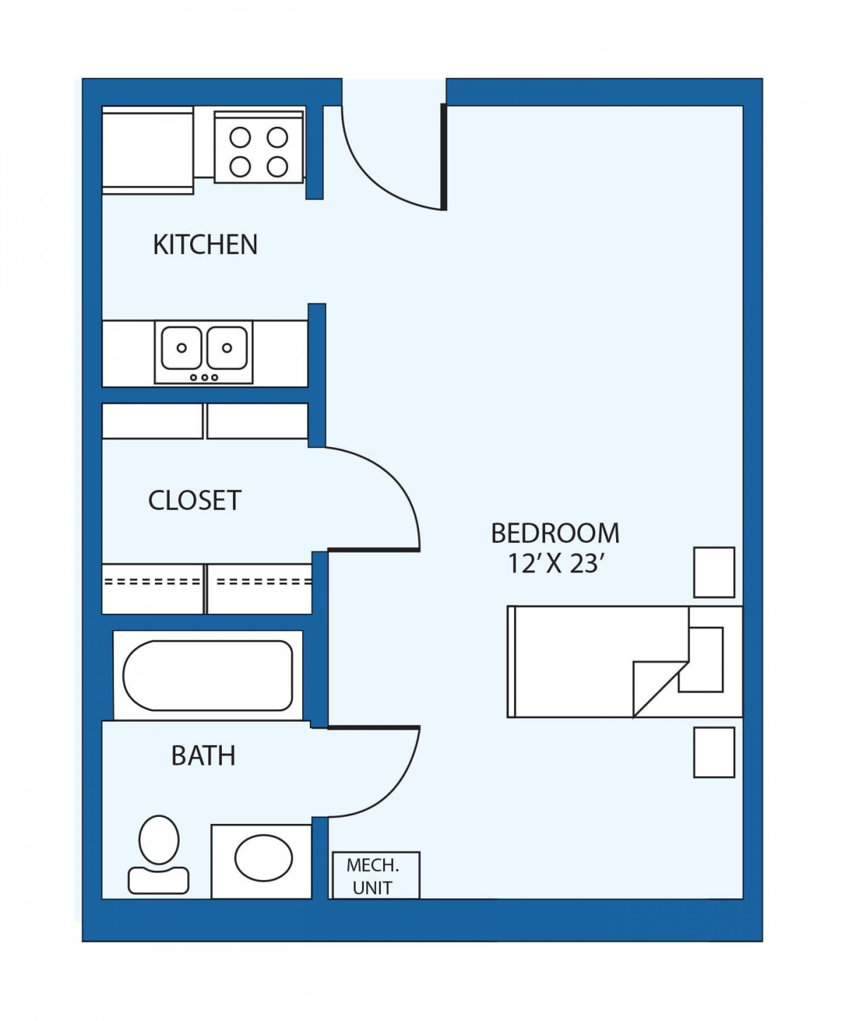 A floor plan of a one-bedroom apartment featuring a kitchen, closet, bathroom, and main living area.