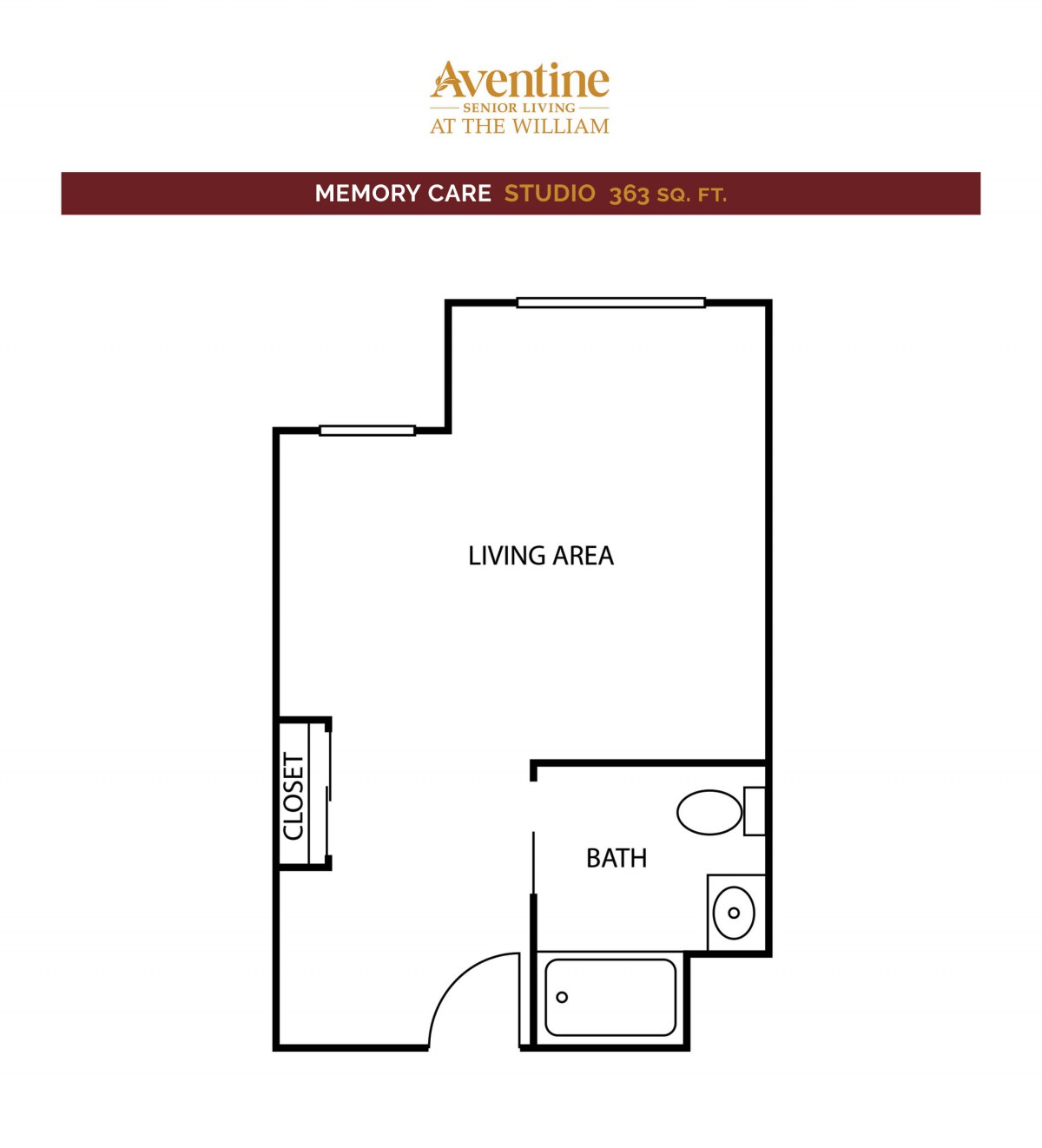 A floor plan for a memory care studio apartment, featuring a living area and bathroom.