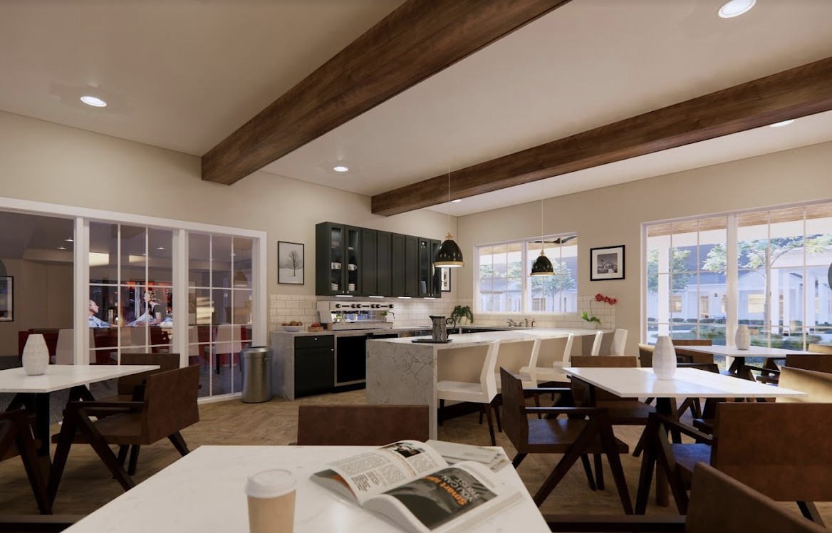 A modern kitchen and dining area with wooden beams and contemporary furnishings.