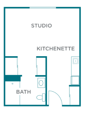 A floor plan of a studio apartment featuring a kitchenette and a bath.