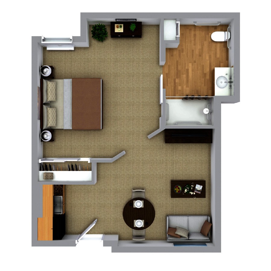 A compact one-bedroom apartment floor plan with a bedroom, kitchen, living area, and bathroom.