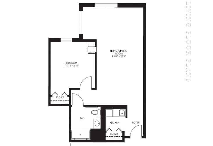 A detailed floor plan of an apartment showing the layout of the living room, kitchen, bathroom, and bedroom.