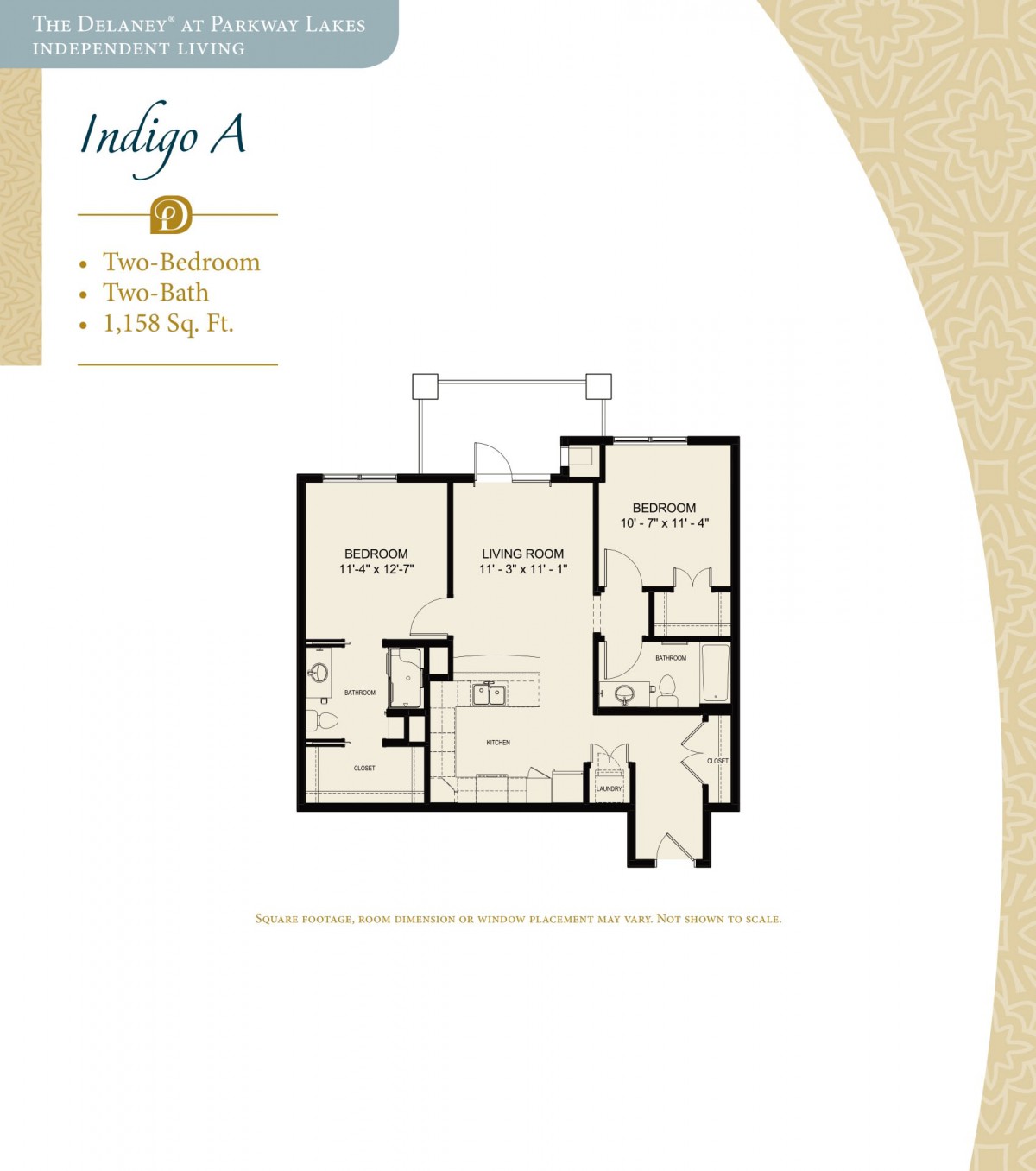 Floor plan of a two-bedroom, two-bath apartment with a total area of 1,318 sq. ft.