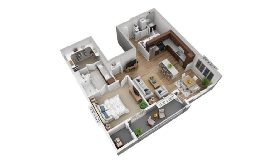 3D floor plan of a modern apartment featuring two bedrooms, a kitchen, and living area.