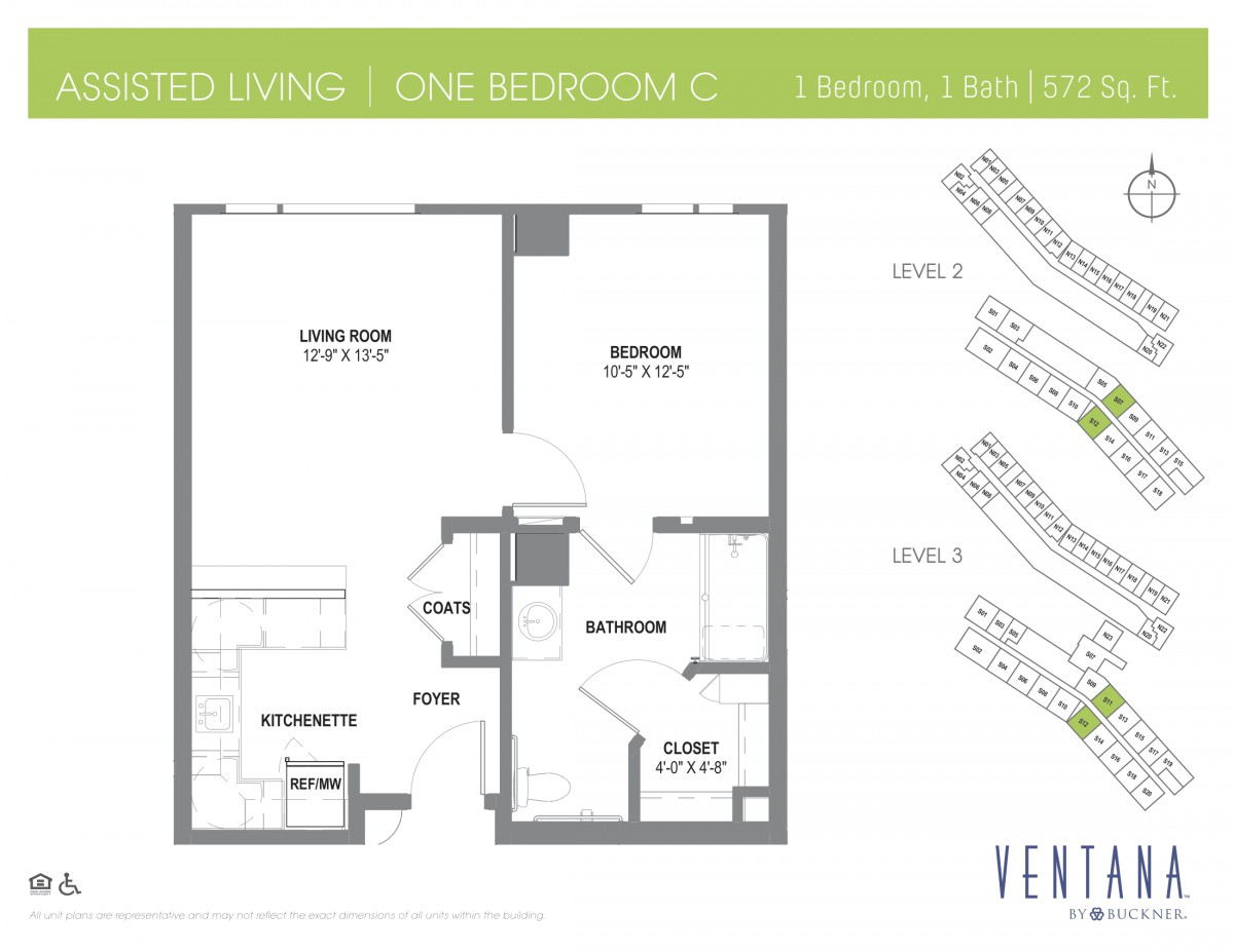 Floor plan of a one-bedroom assisted living apartment.