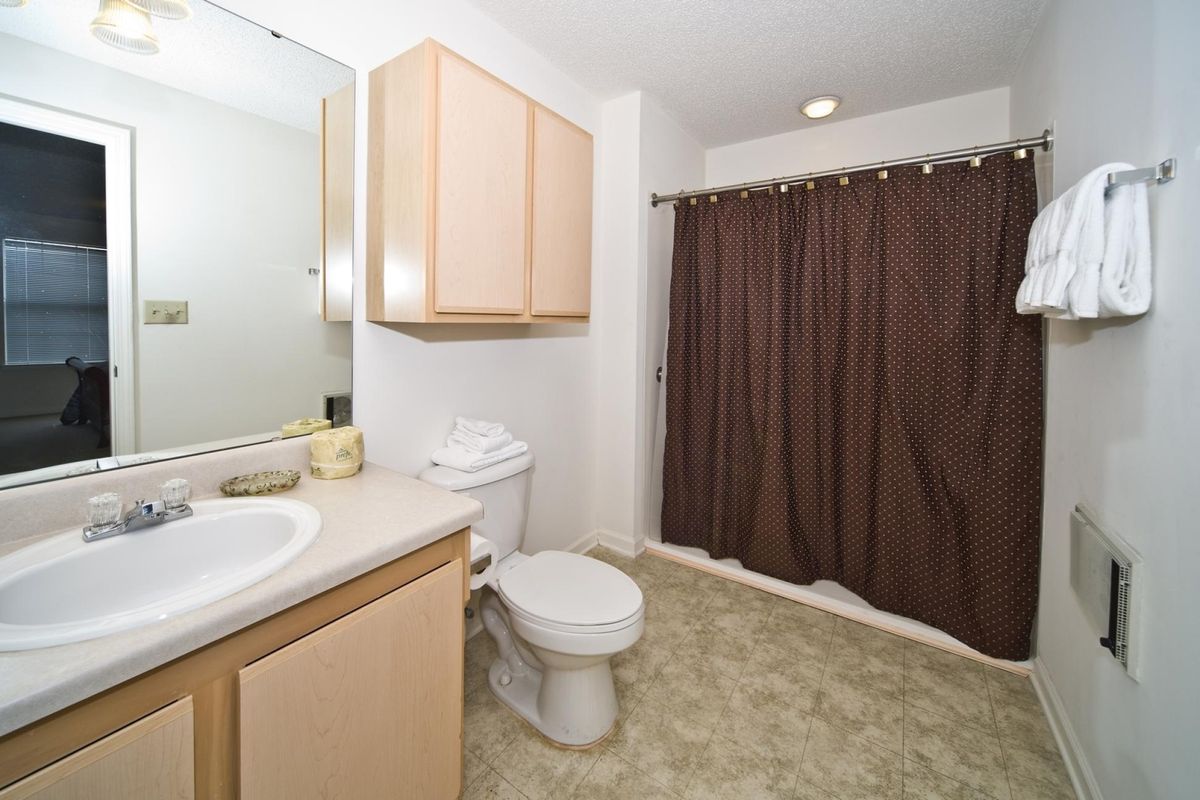 A well-organized bathroom with a toilet, sink, mirror, cabinet, and brown shower curtain.