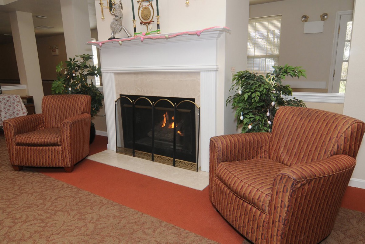 Cozy living room with a central fireplace and two armchairs.