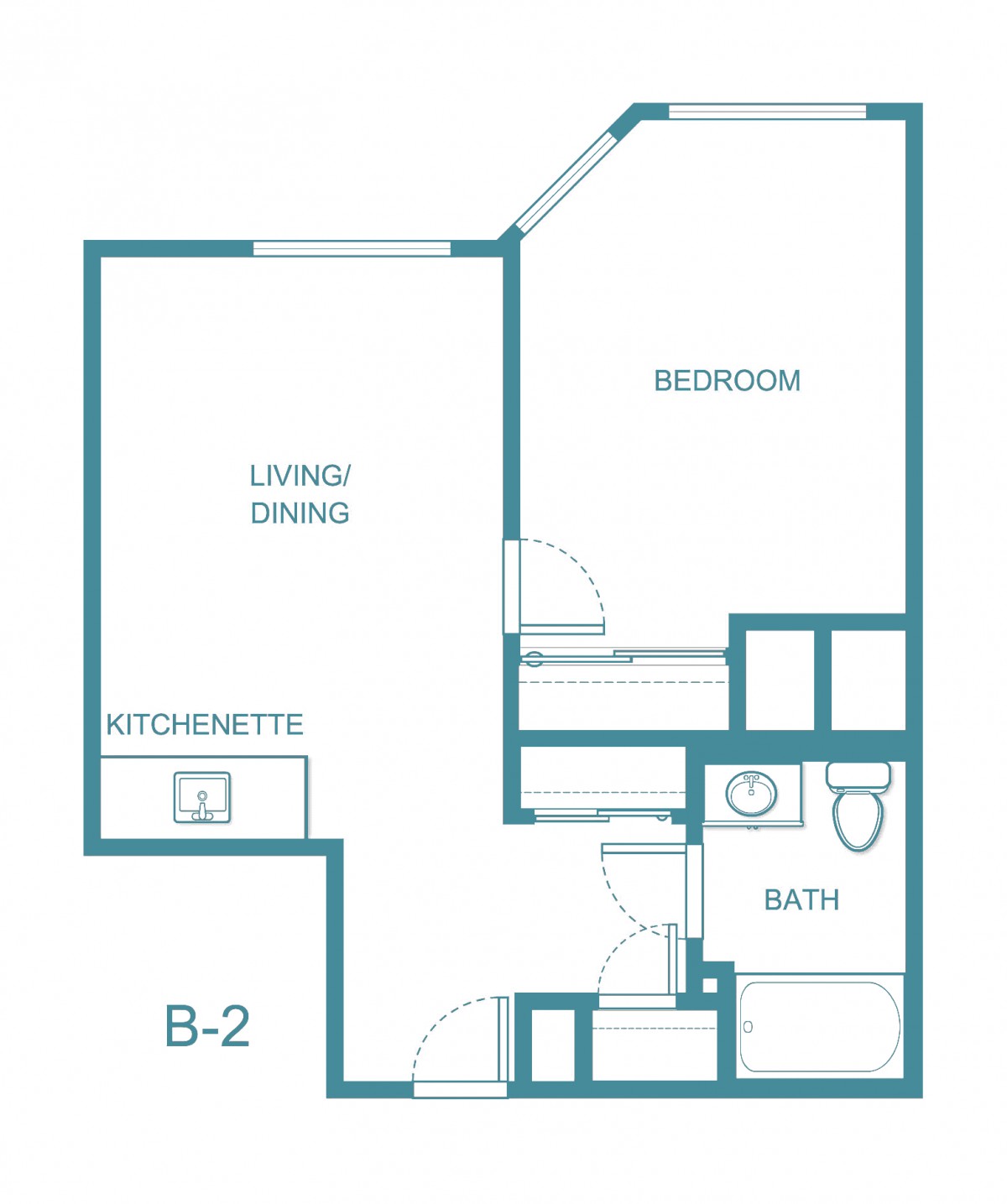 This image shows a floor plan of an apartment with one bedroom, a bathroom, a kitchenette, and a living/dining area.