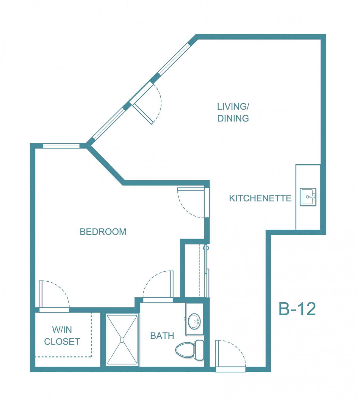 A blueprint of a studio apartment with a living/dining area, kitchenette, bedroom, bath, and closet.