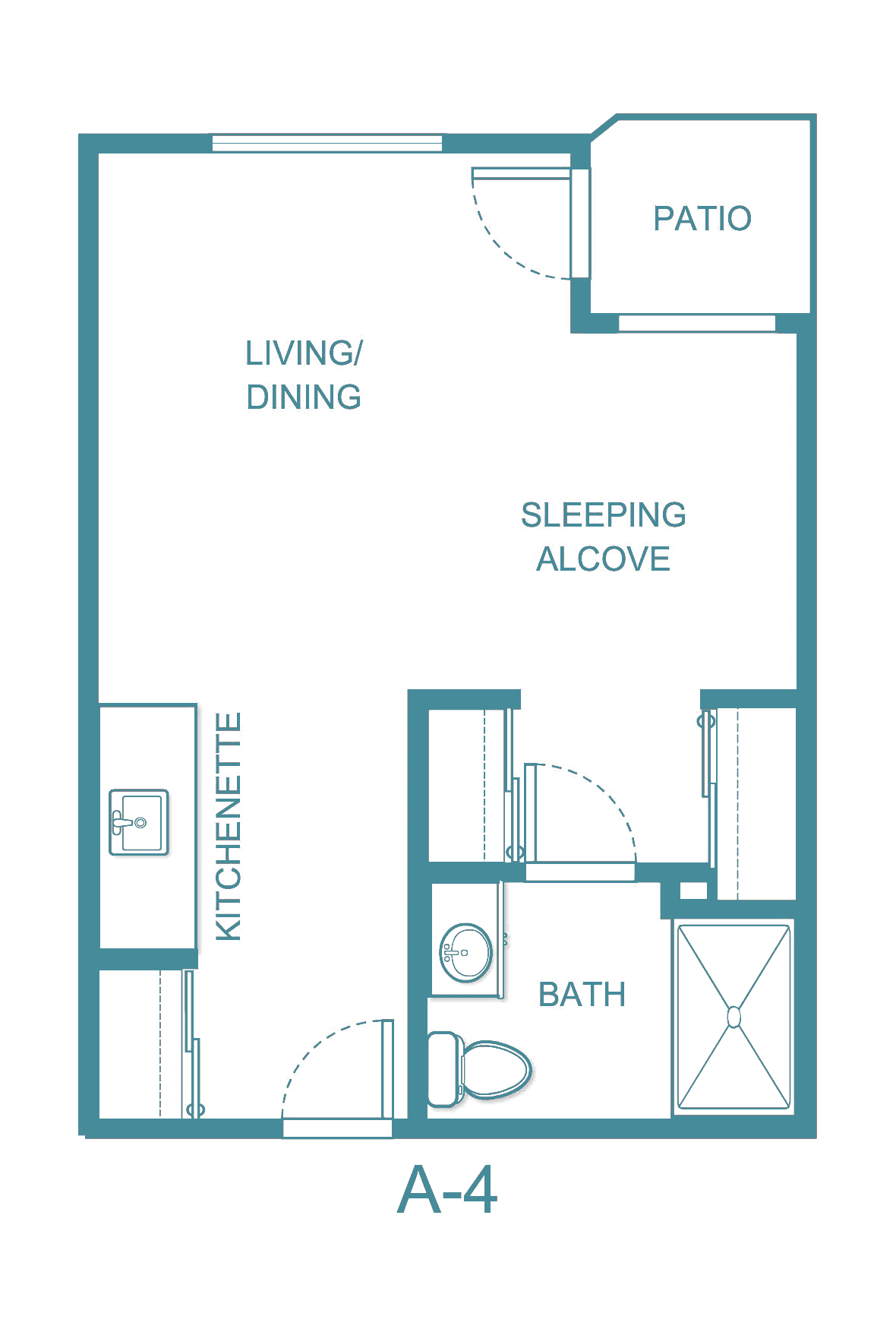 Studio apartment floor plan with a kitchenette, bathroom, living/dining area, sleeping alcove, and patio.