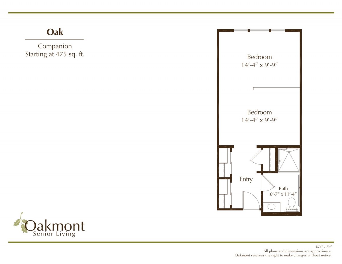 A detailed floor plan of a two-bedroom apartment layout named 'Oak'.