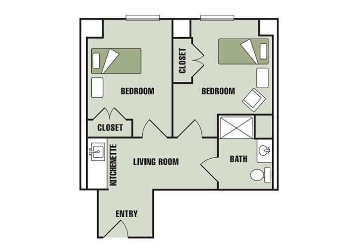 A floor plan illustration of a two-bedroom apartment, featuring a living room, kitchenette, and bathroom.