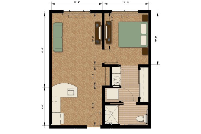 A floor plan of a one-bedroom apartment, showing a kitchen, living area, bedroom, and bathroom.