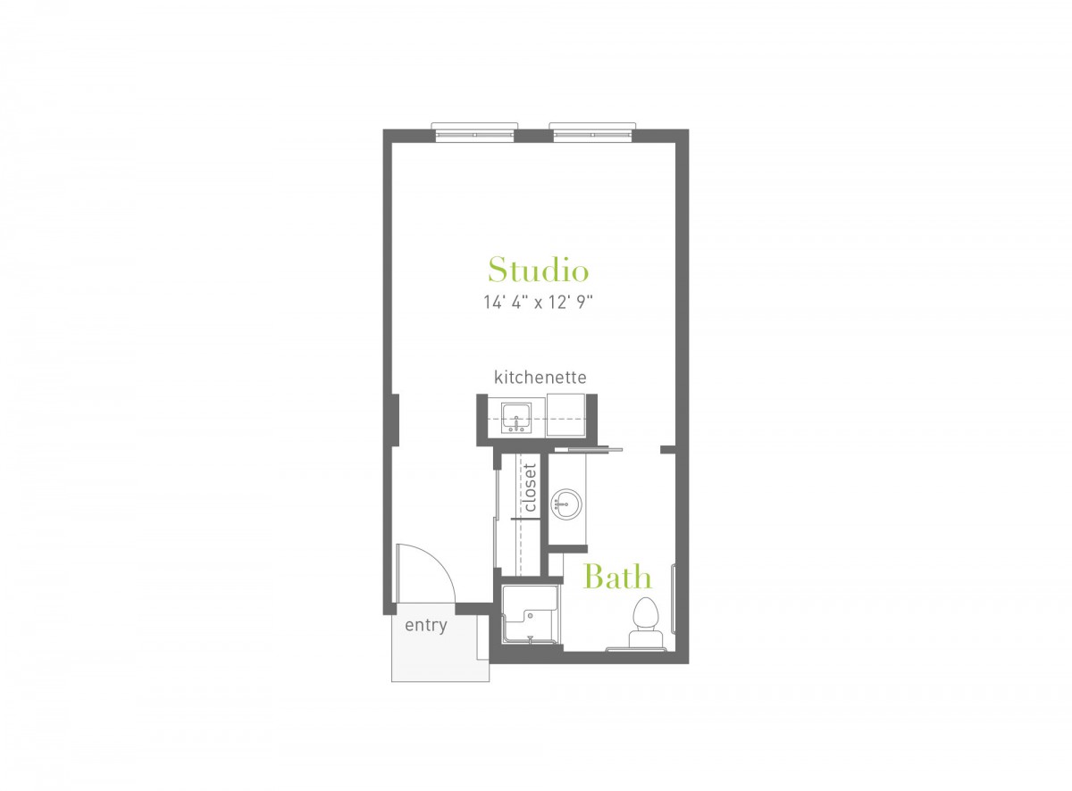 Floor plan of a studio apartment with a living area and bathroom.