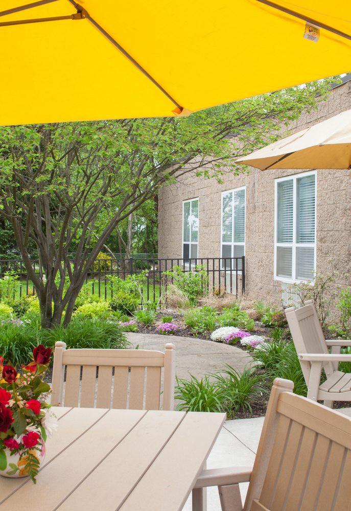 A tranquil garden patio with a table, chairs, and yellow umbrellas surrounded by lush greenery.