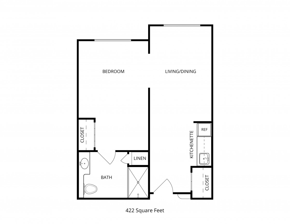 A simple floor plan of a one-bedroom apartment with labeled areas for the bedroom, living room, kitchen, and bathroom.