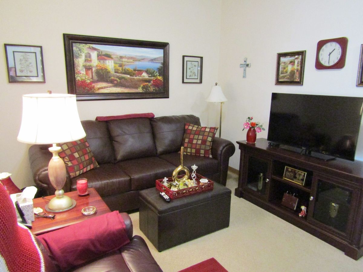 A cozy living room with a leather sofa, decorative pillows, and a television.