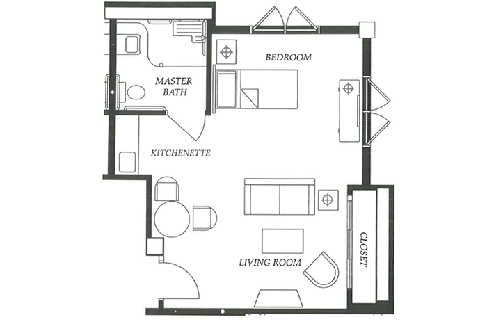 A floor plan of a one-bedroom apartment with a living room, bedroom, bathroom, kitchenette, and closet.