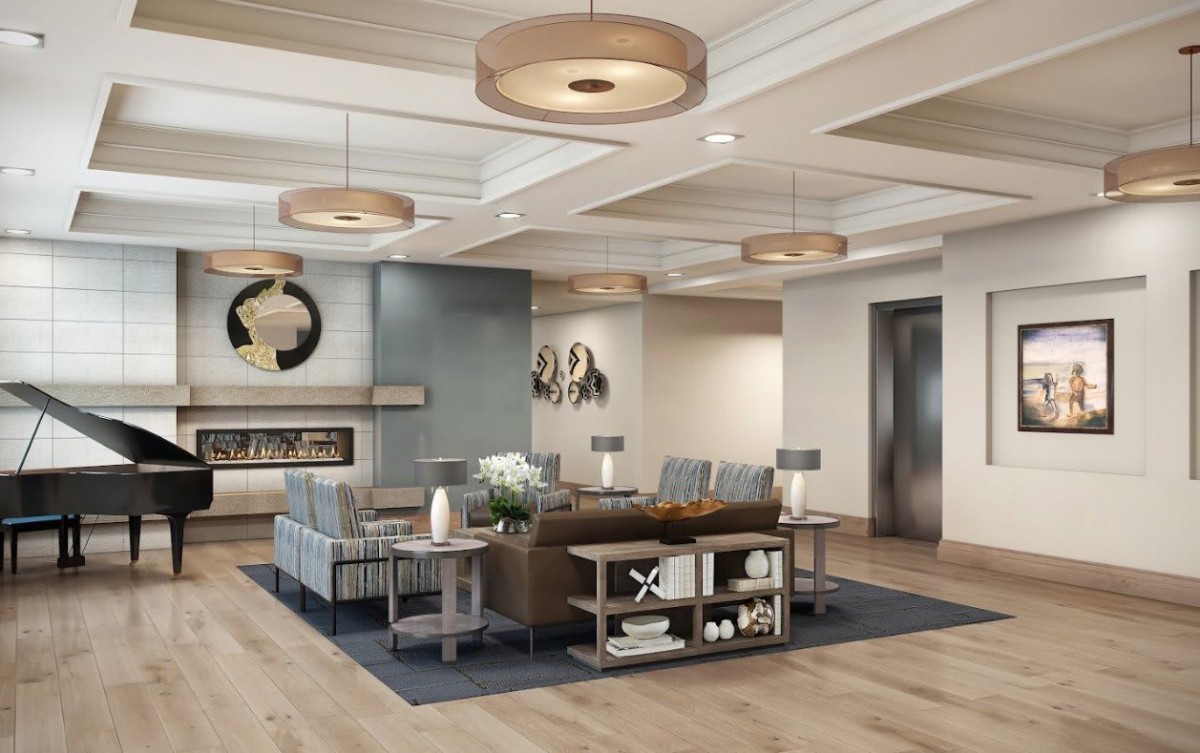 A modern lobby with comfortable seating and elegant lighting.
