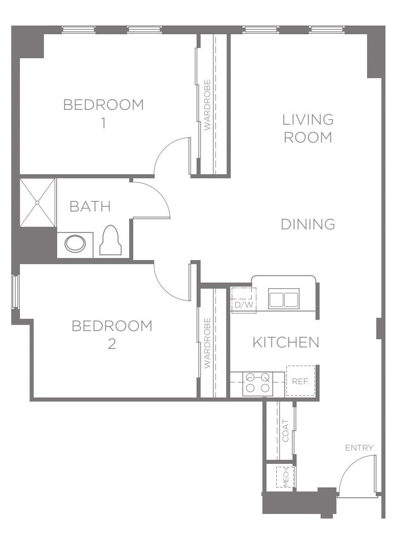 A floor plan of a two-bedroom apartment with a kitchen, living room, dining area, and bathroom.