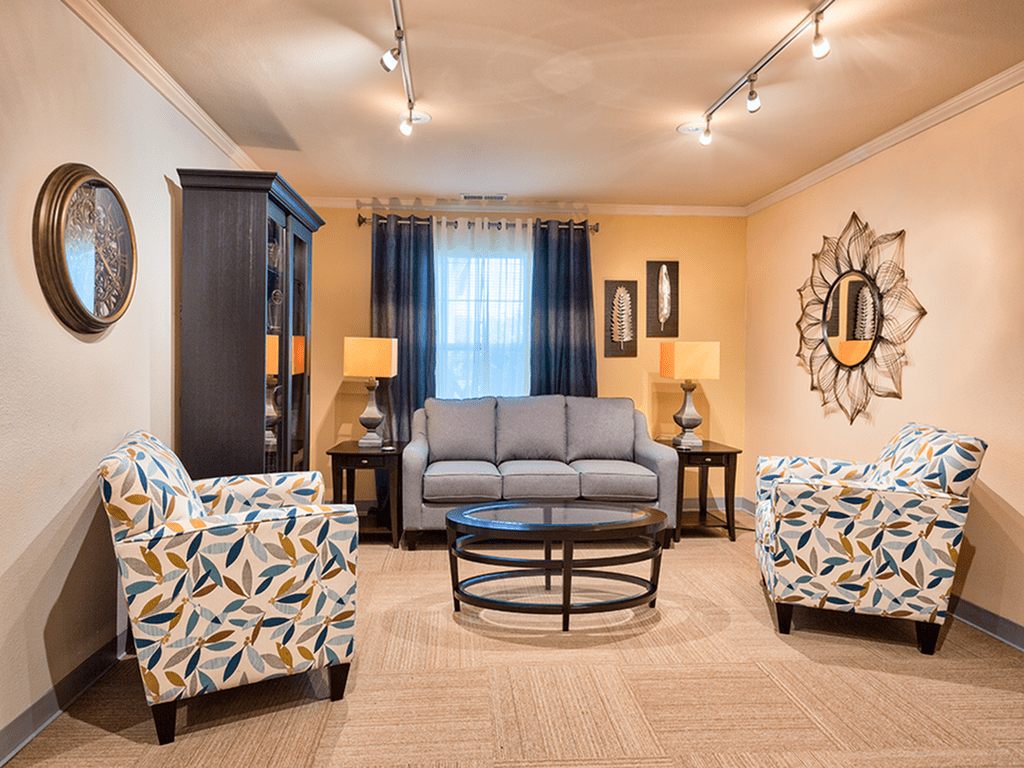 A modern living room with a gray sofa, patterned armchairs, and stylish decor.