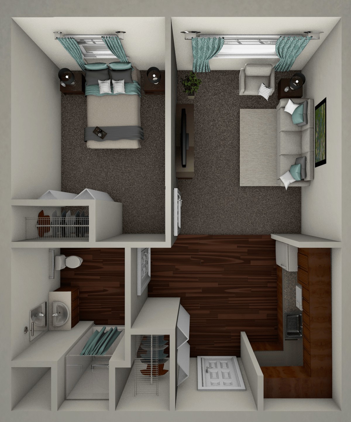 A 3D floor plan of a compact apartment featuring a bedroom, living area, kitchen, and bathroom.