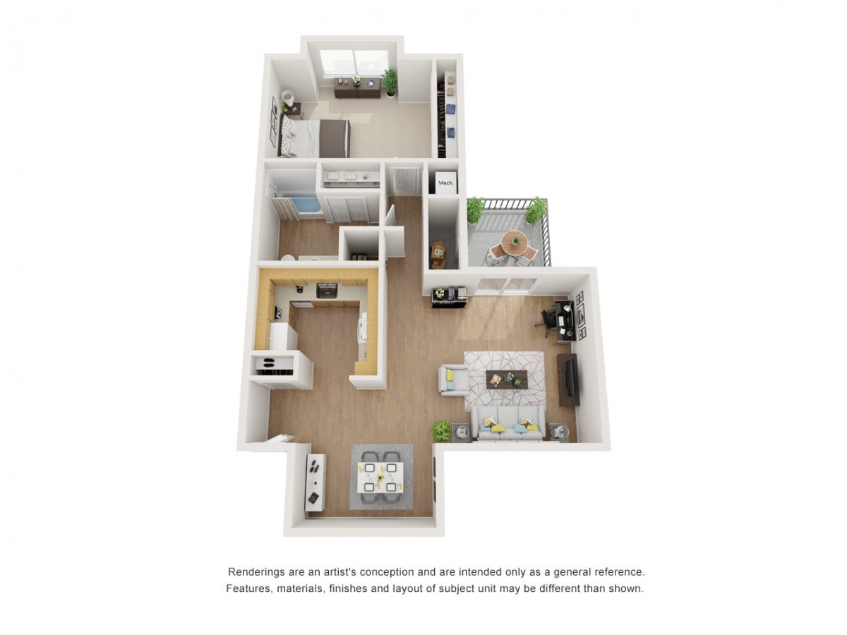 A 3D floor plan of a modern apartment featuring an open living area, kitchen, bedroom, and bathroom.
