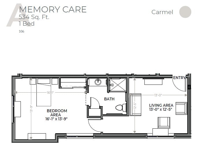 Floor plan of a memory care apartment with one bedroom, bathroom, and living area.