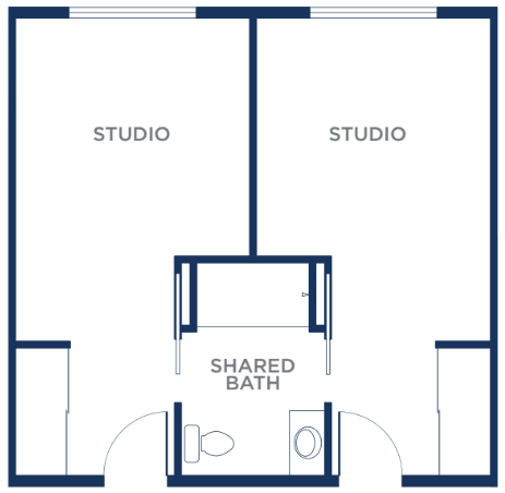 Floor plan of two studio apartments with a shared bathroom.