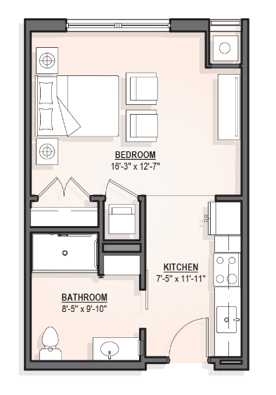 A floor plan of a one-bedroom apartment including a kitchen, bathroom, and living area.